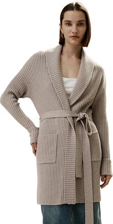 LilySilk 100% Merino Wool Shawl Collar Cardigan for Women Open Front&Sash Tie Long Sleeves Sweater Coats with Pockets S, White