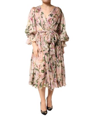 Dolce & Gabbana Pink Lily Print A-line Pleated Maxi Womens Dress