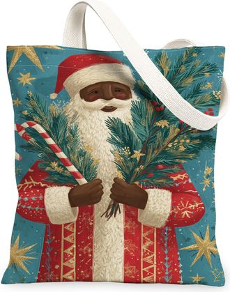 Generic Christmas Holiday Canvas Tote Bags, Vintage Santa Design Reusable Grocery Bags, Lightweight Washable Shoulder Strap Canvas, Blue, 13x15 Inch
