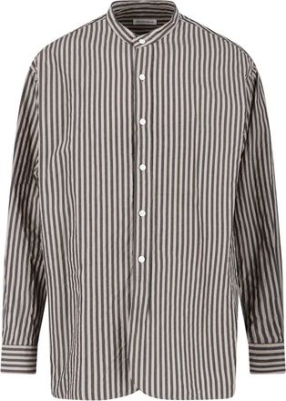 Kaptain Sunshine Brown Striped Cotton Band Collar Shirt