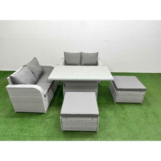 Fimous 6 Seater Outdoor Love Sofa Set Rattan Garden Furniture Set with Adjustable Lifting Dining or Coffee Table 2 Footstool Side Table Light Grey - Fimous