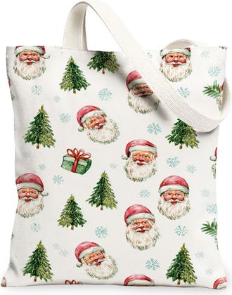 Generic Holiday Canvas Tote Bags, Festive Santa and Tree Pattern Reusable Shopping Bags, Charming Winter Lightweight Washable Shoulder Strap Canvas for Gifts 