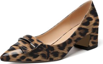 elashe Block Heel Pumps for Women Mid Block Heels Pointed Toe Court Shoes Elegant Leopard EU40