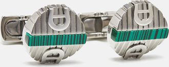 Aigner Logo Green Inlay Textured Silver Tone Round Cufflinks