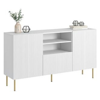 Dmora Aparador Stornara, Aparador De Sal&oacute;n Con Dos Puertas Batientes, Un Caj&oacute;n Y Dos Compartimentos Abiertos, Dise&ntilde;o Efecto Ca&ntilde;a, 150 X 42 H 82 Cm, Blanco