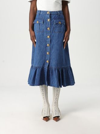 Valentino Womens Denim Midi Ruffle Skirt - Blue Cotton - Size EU 42 (Womens)