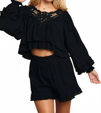 Le Lis Blanc Deux Lace Patch Lare Top With Ruffled Shorts Set In Black
