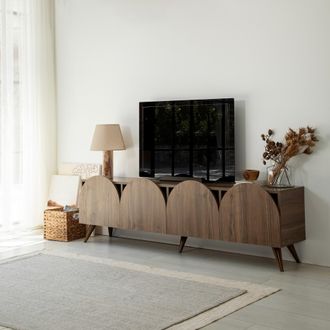 Dmora Mueble Para Tv Visco, 4 Compartimentos, 4 Puertas Abatibles, 180x35x50h Cm, Color Nogal Marr&oacute;n