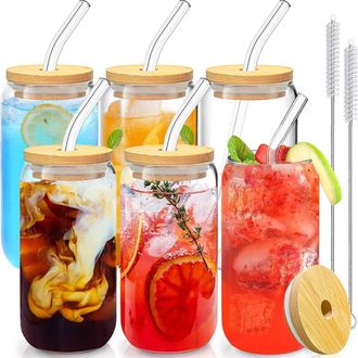 OEM Juego De 6 Vasos De Vidrio, 473 Ml, Tapa De Bamb&uacute;, Pajita De Vidrio, Junta De Silicona, Para Caf&eacute;/c&oacute;ctel Casero