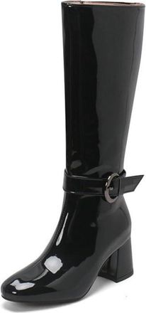 Generic Womens Patent Leather Knee High Riding Boots with Buckle Strap & Chunky Block Heel for Office & Everyday,Black,1.5 UK