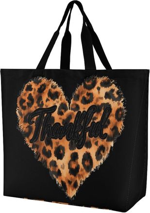 Generic Leopard-Print Heart Thankful Large Reusable Shopping Bag Lightweight Foldable Tote Bags Washable Shoulder Handbag
