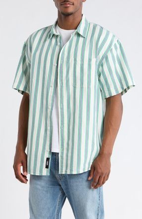 Vans Lawson Stripe Short Sleeve Cotton & Linen Button-Up Shirt in White-Vivid Verdant at Nordstrom, Size Xx-Large
