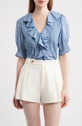 D&ocirc;en Henry Floral Print Ruffle Top in Blue Garden Bloom at Nordstrom, Size Xx-Small