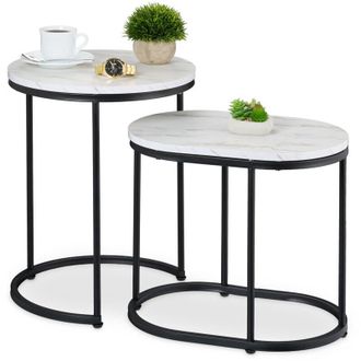 Relaxdays Relaxdays - Nesting Tables, 2-Piece Set, 2 Sizes, Marble Effect, Metal Legs, Round & Oval, Living Room, Sofa, White/Black