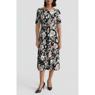 Kasper Floral Tie Belt A-Line Dress in Black Multi at Nordstrom, Size 12