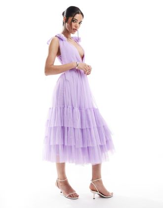 Lace & Beads Madison - Vestito midi da damigella lilla con fiocchi sulle spalle-Viola