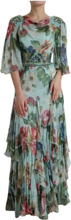 Dolce & Gabbana Tiered Floral Maxi Dress - Dames - Avondkleed - Veelkleurig - 2XS - Katoen - Kleedjes