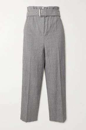 Michael Kors Cropped Belted Pinstriped Crinkled-wool Straight-leg Pants - Grigio