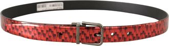 Dolce & Gabbana Mens Red Herringbone Leather Gray Tone Buckle Belt