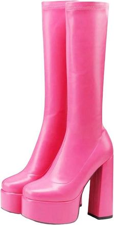 Generic Women Platform High Heel Long Boots Block Heels Elastic Leather Gothic Style