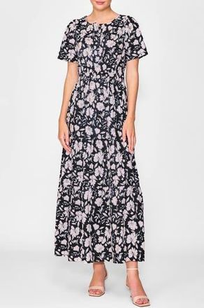 Melloday Short Sleeve Tiered Maxi Dress in Black Floral at Nordstrom Rack, Size X-Small