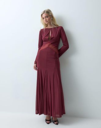 Asos vestito lungo in rete con dettaglio inserto in pizzo bordeaux-Rosso