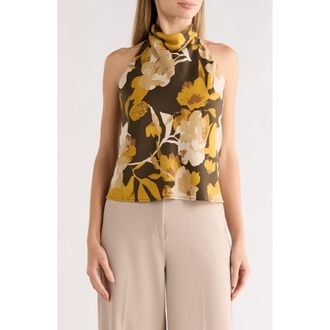 Renee C Floral Print Satin Halter Neck Top in Olive at Nordstrom Rack, Size X-Large