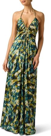 Adrianna Papell Print Halter Satin Gown in Green Multi at Nordstrom, Size 10