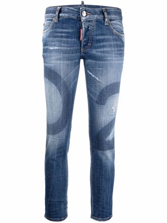 Dsquared2 cropped logo-wash jeans - women - Cotton/Cotton/Calf Leather/Polyester/Spandex/Elastane - 42 - Blue
