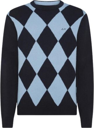 Sun 68 Navy Blue Argyle Sweater - Heren - Ronde hals truien - Blauw - S - Wol - Truien & Vesten