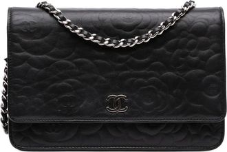 Chanel Borsa a tracolla Camellia in pelle di agnello goffrata con catena 2012-2013 - Nero