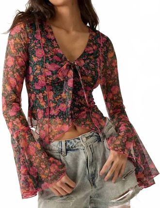 Promesa Floral Mesh V-Neck Bell-Sleeve Blouse In Purple