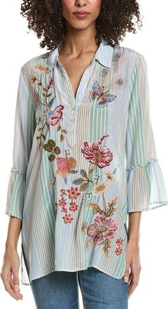 Johnny Was Ruffle Sleeve Henley Silk Tunic