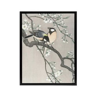 Artery8 Tits On Blooming Cherry Branch Framed Canvas Wall Art Print Ohara Koson in Grey | Size: W24 x H32