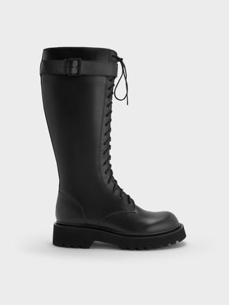 Charles & Keith Darian Lace-Up Buckle-Strap Knee-High Boots