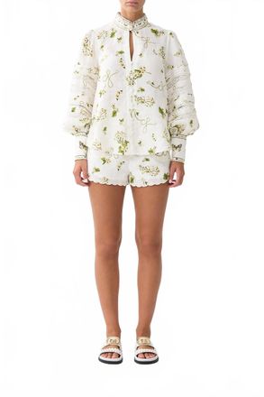 Camilla Buttoned Collar Blouse With Blouson Sleeve In Botanical Utopia