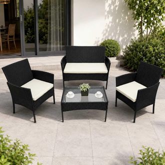 Alivio 4 Seater Rattan Furniture Set with Coffee Table & Cushions (Black) in Black