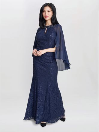 Gina Bacconi Womens FLORENCE Keyhole Neck Chiffon Sequin Lace Fit and Flare Maxi Dress - Navy - Size 10 UK