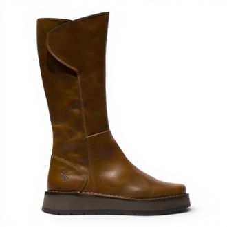 FLY London Dames Tan Leren High Pull On lange laarzen - RHEA042