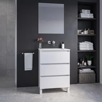 Saniclass Chaci PLUS Badkamermeubelset - 60x86x46cm - keramische wastafel wit - 1 wasbak - zonder kraangaten - 3 lades - rechthoekige spiegel - mat wit