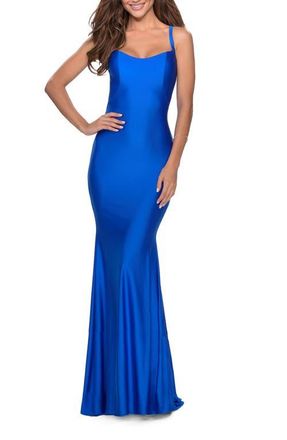 La Femme Form Fitting Prom Dress with Dramatic Lace Up Back in Royal Blue at Nordstrom, Size 10