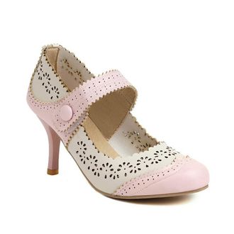 Generic Womens Round Toe Brouges Hollow Out Stiletto Heel Pumps Breathable Vintage Mary Jane Court Shoes (Pink,8)