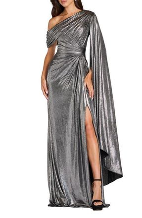 Tadashi Shoji Zeka Metallic Cape Sleeve Gown in Steel at Nordstrom, Size Xx-Large