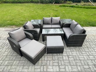 Fimous 9 PCS Garden Furniture set Rattan Outdoor Lounge Sofa Table Chair With Tempered Glass Table Dark Grey Mixed