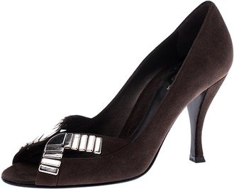 Sergio Rossi Brown Suede Metal Embellished Peep Toe Pumps