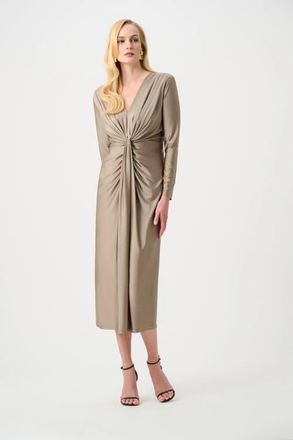 Joseph Ribkoff Satin Effect Knit Draped V-Neck Sheath Dress in Tan at Nordstrom, Size 12