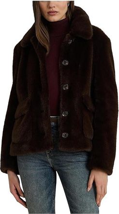 Lauren Ralph Lauren Faux Mink Button Front Womens Coat Circuit Brown : XL, Polyester