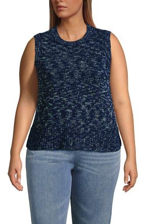 Lands End Plus Size Cotton Tweed Textured Crewneck Vest Sweater in Deep Sea Navy Space Dye at Nordstrom, Size 2 X