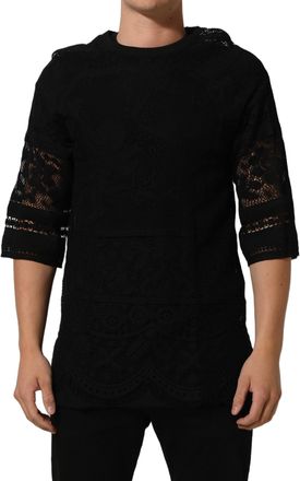 Dolce & Gabbana Mens Black Cotton Floral Lace Crew Neck T-Shirt Nylon