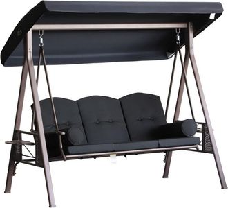 OUTSUNNY Columpio De Jard&iacute;n Exterior De 3 Plazas Con Toldo Ajustable Bandejas Laterales Y 2 Almohadas Carga 360 Kg 208x121x172 Cm Negro